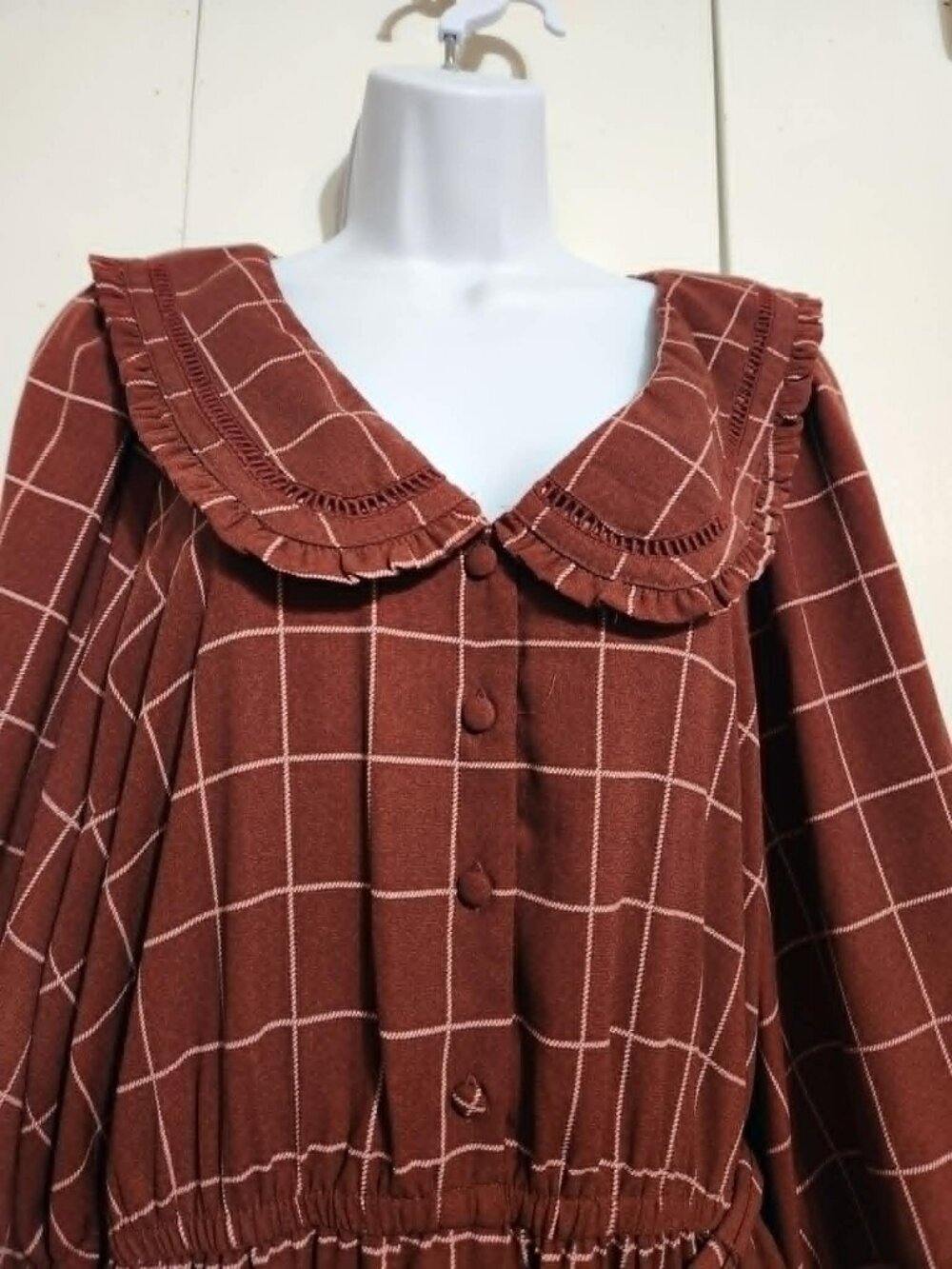 LC Lauren Conrad Dress XL NWT Brown Plaid Peter Pan Collar Cottagecore Ruffle - Picture 4 of 7